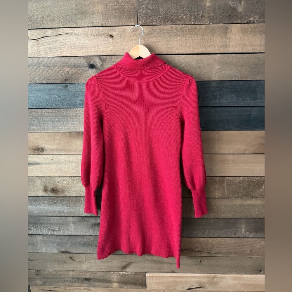 Red Knit Turtleneck Sweater Dress Puff Sleeve XS